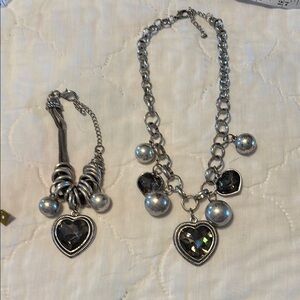 Silver Heart Charm Necklace and Bracelet Set